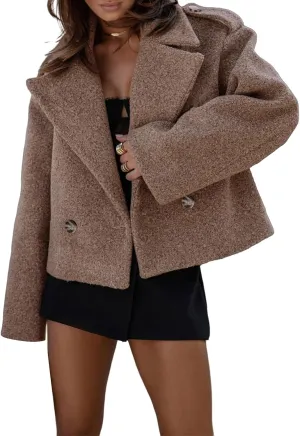 Wool Blend Coat Women Cropped Long Sleeve Jacket Lapel Open Front Double Breasted Coats Winter Peacoat