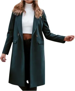 Wool Blend Trench Coats for Women Business Casual Long Jackets Notched Lapel Collar Double Breasted Overcoats
