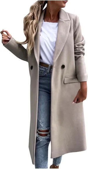 Wool Blend Trench Coats for Women Business Casual Long Jackets Notched Lapel Collar Double Breasted Overcoats