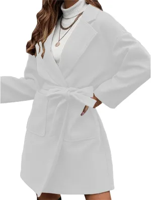 Wool Coat for Womens Trendy Lapel Button Down Long Sleeve Jacket Casual Open Front Pea Coat with Belt