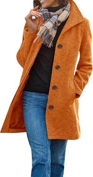 Wool Coats for Women Stand Collar Single Breasted Pea Coats Casual Thicken Fleece Jacket Loose Outerwear with Pocket