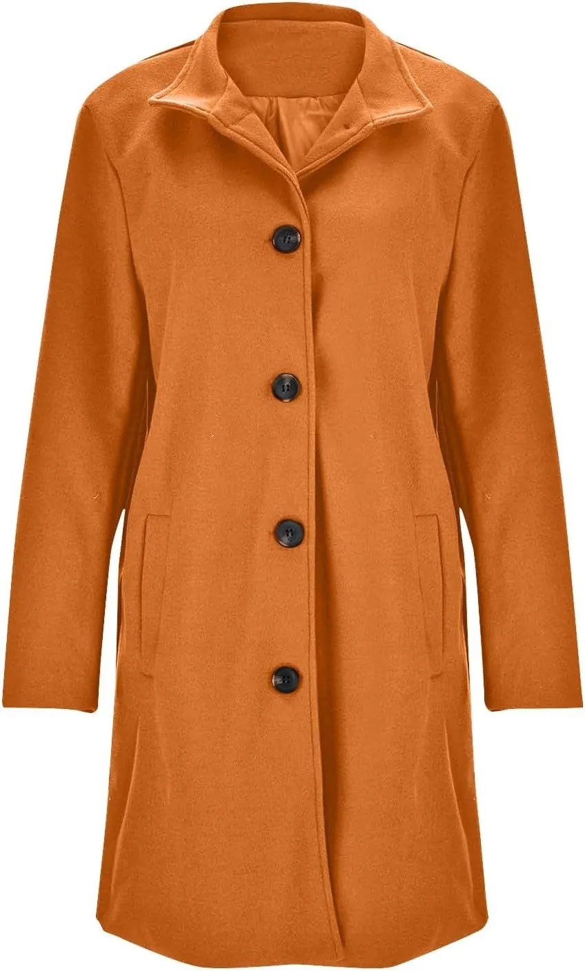 Wool Coats for Women Stand Collar Single Breasted Pea Coats Casual Thicken Fleece Jacket Loose Outerwear with Pocket