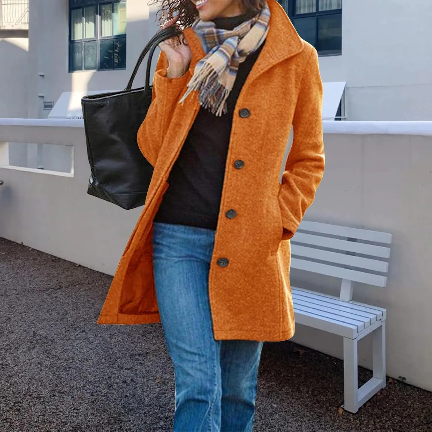 Wool Coats for Women Stand Collar Single Breasted Pea Coats Casual Thicken Fleece Jacket Loose Outerwear with Pocket