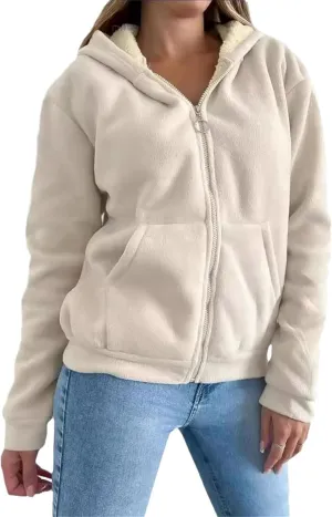 XOWRTE Women's Sherpa Lined Hooded Sweatshirt Zip Up Winter Warm Hoodie Comfy Hooded Fleece Hoodies Cropped Jacket for Winter