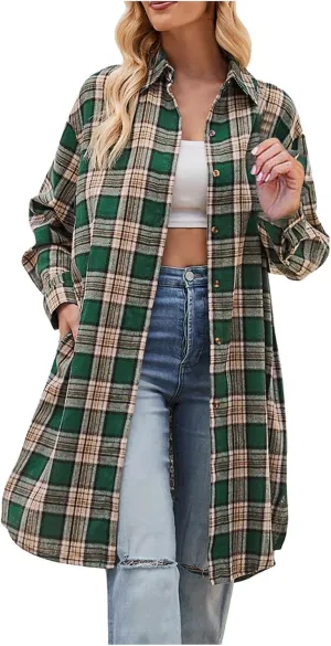XUNRYAN 2024 Women's Fashion Shacket Jackets Long Lightweight Wool-Blend Jackets Casual Button Blouse Tops Long Trench Coat 2024