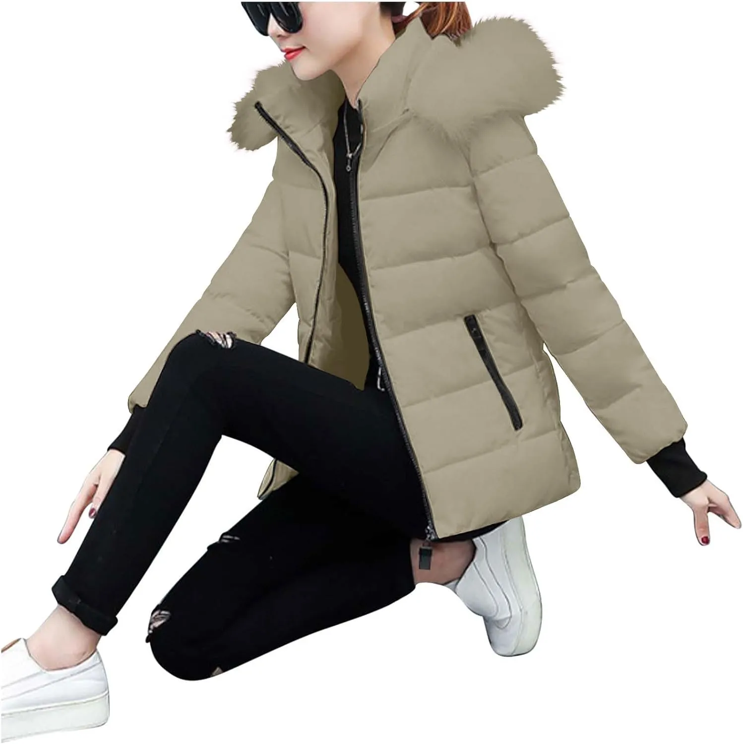 XUNRYAN Winter Jackets Women Puffer Jacket Quilted Short Down Coat Faux-Fur Hooded Anorak Thick Parka Warm Zip Up Outerwear
