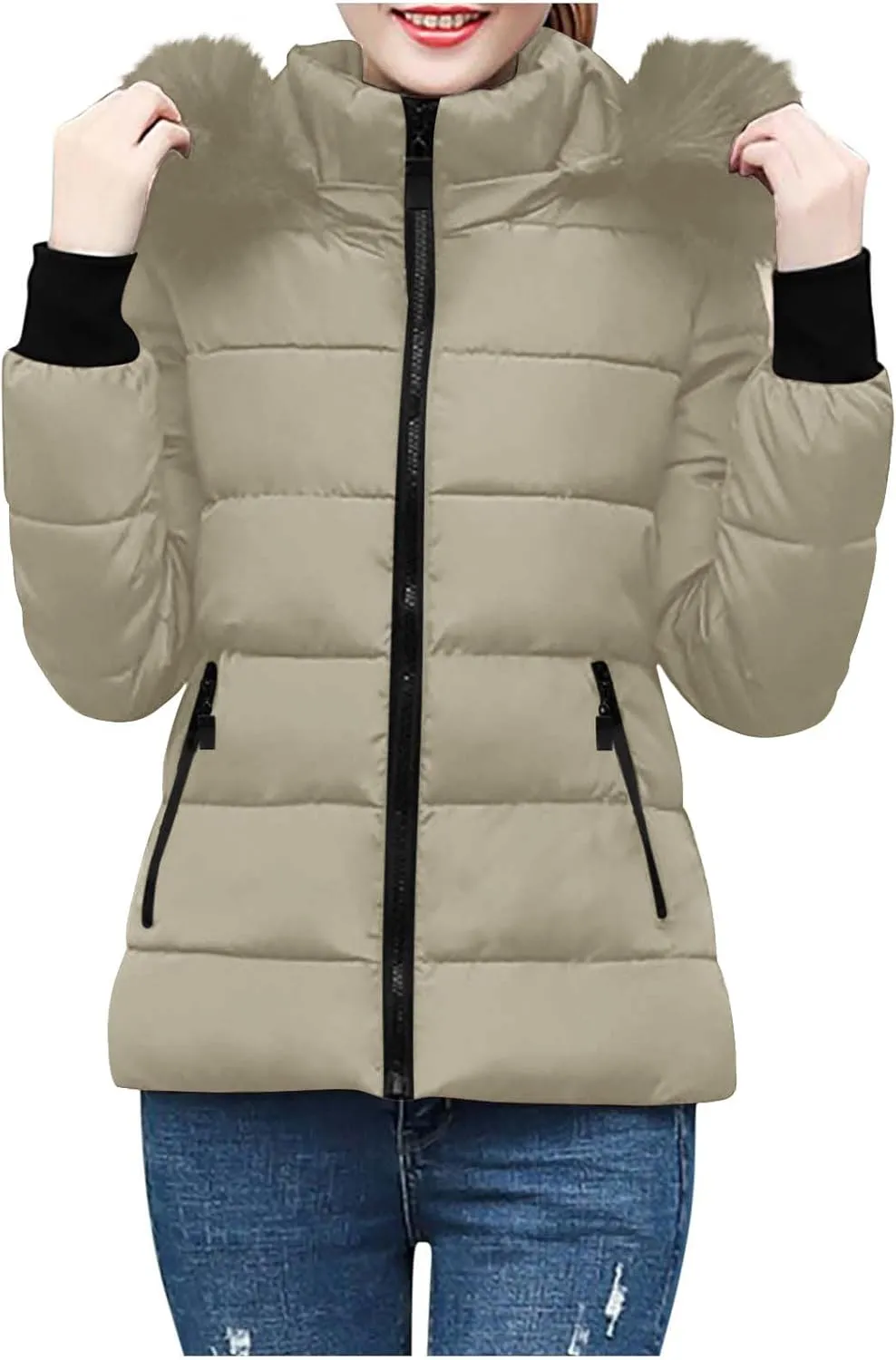 XUNRYAN Winter Jackets Women Puffer Jacket Quilted Short Down Coat Faux-Fur Hooded Anorak Thick Parka Warm Zip Up Outerwear