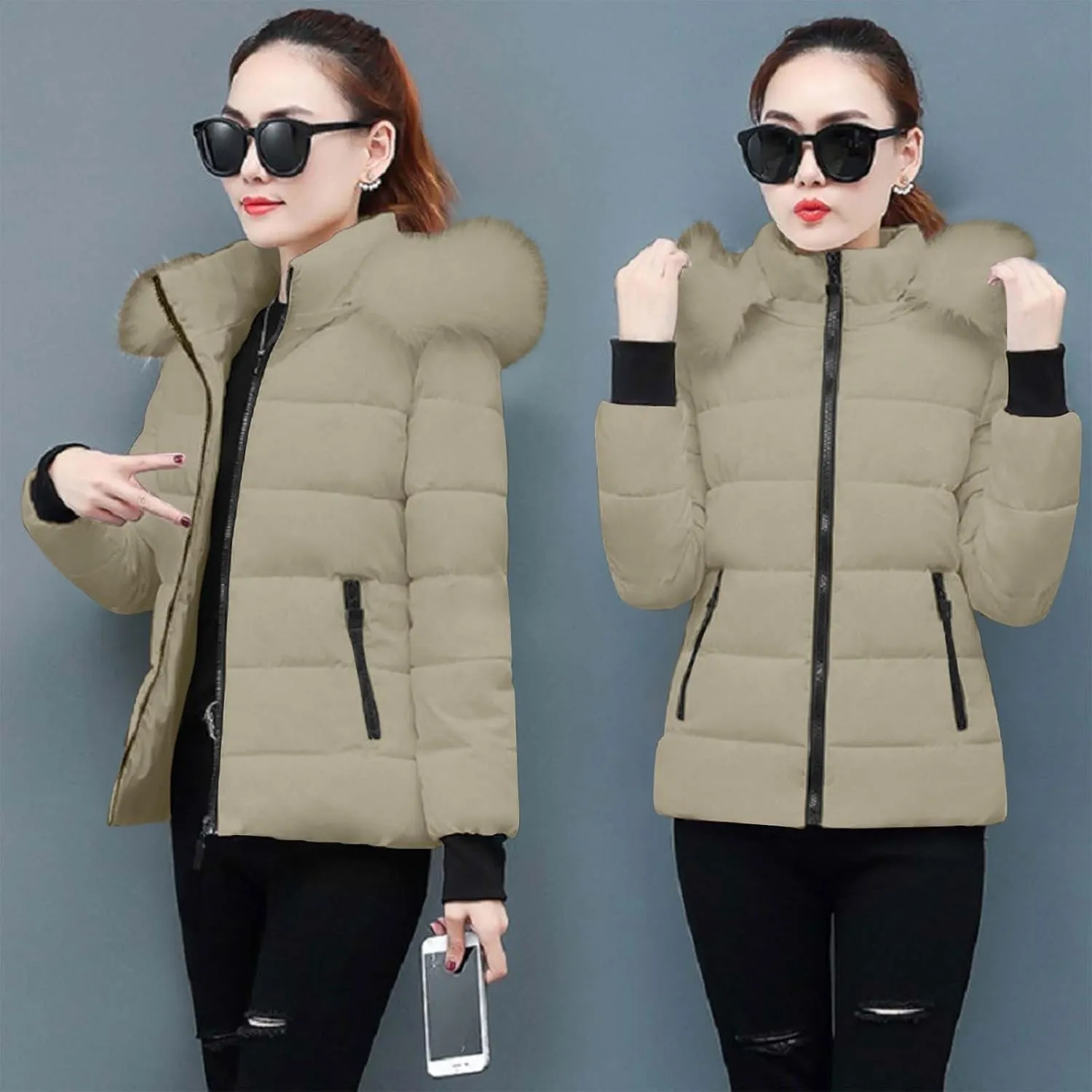 XUNRYAN Winter Jackets Women Puffer Jacket Quilted Short Down Coat Faux-Fur Hooded Anorak Thick Parka Warm Zip Up Outerwear