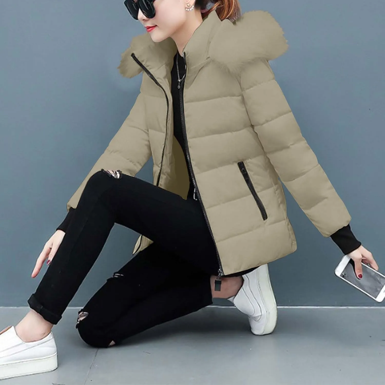 XUNRYAN Winter Jackets Women Puffer Jacket Quilted Short Down Coat Faux-Fur Hooded Anorak Thick Parka Warm Zip Up Outerwear