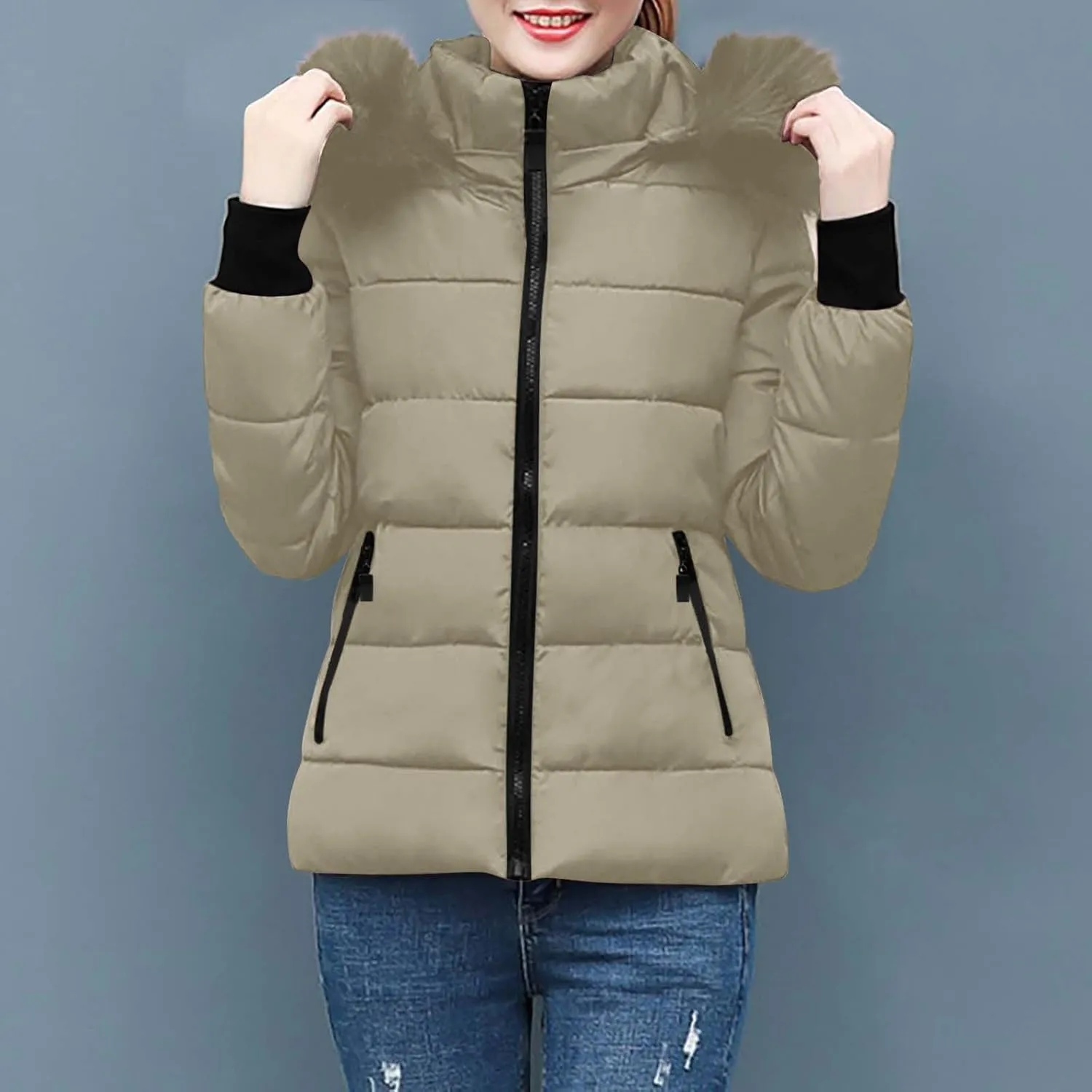XUNRYAN Winter Jackets Women Puffer Jacket Quilted Short Down Coat Faux-Fur Hooded Anorak Thick Parka Warm Zip Up Outerwear