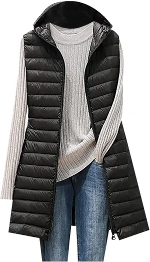 XUNRYAN Winter Puffer Jackets Women Quilted Lightweight Down Coats Trendy 2023 Zip Up Long Packable Outerwear w Hood