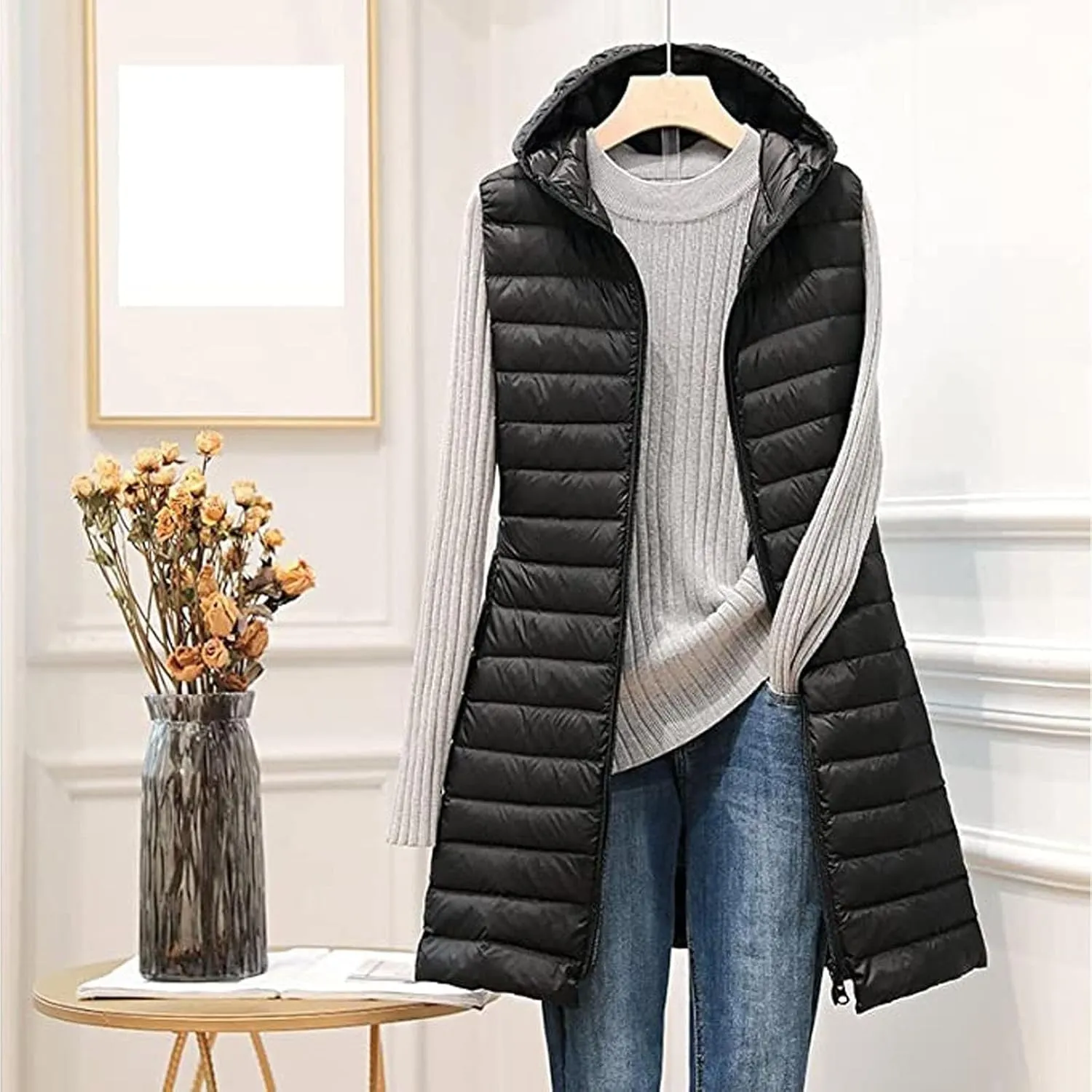 XUNRYAN Winter Puffer Jackets Women Quilted Lightweight Down Coats Trendy 2023 Zip Up Long Packable Outerwear w Hood