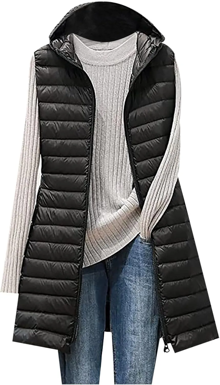 XUNRYAN Winter Puffer Jackets Women Quilted Lightweight Down Coats Trendy 2023 Zip Up Long Packable Outerwear w Hood