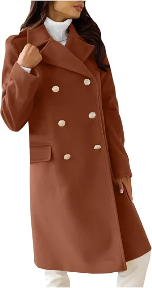 XUNRYAN Womens Long Trench Coat Notch Lapel Wool-Blend Jackets Classic Double Breasted Peacoat Outwear 2024 Fashion Clothes