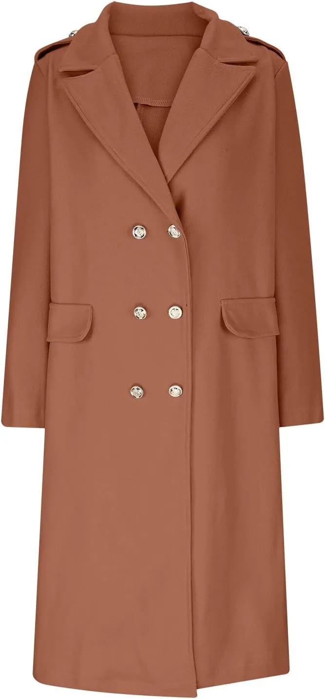 XUNRYAN Womens Long Trench Coat Notch Lapel Wool-Blend Jackets Classic Double Breasted Peacoat Outwear 2024 Fashion Clothes