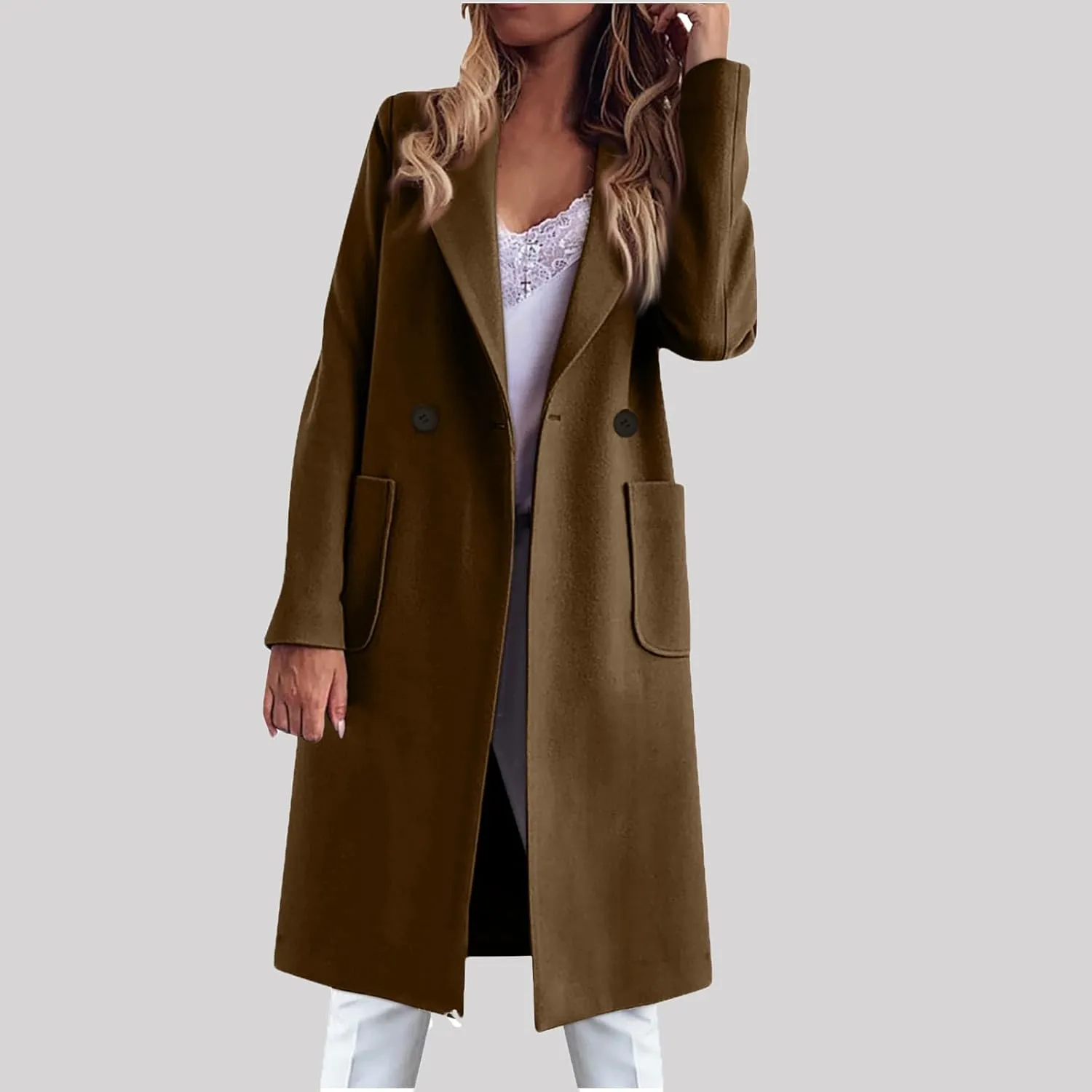 XUNRYAN Womens Trench Coat Long Blazer Jacket Wool- Blend Peacoat Trendy Casual Cardigan Coatigan Fashion Clothes Pockets