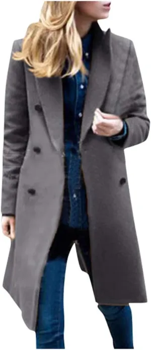 XUNRYAN Womens Wool-Blend Trench Coats Long Sleeve Jackets Casual Button Peacoats Elegant Blazer Suit Notch Lapel Slim Outer