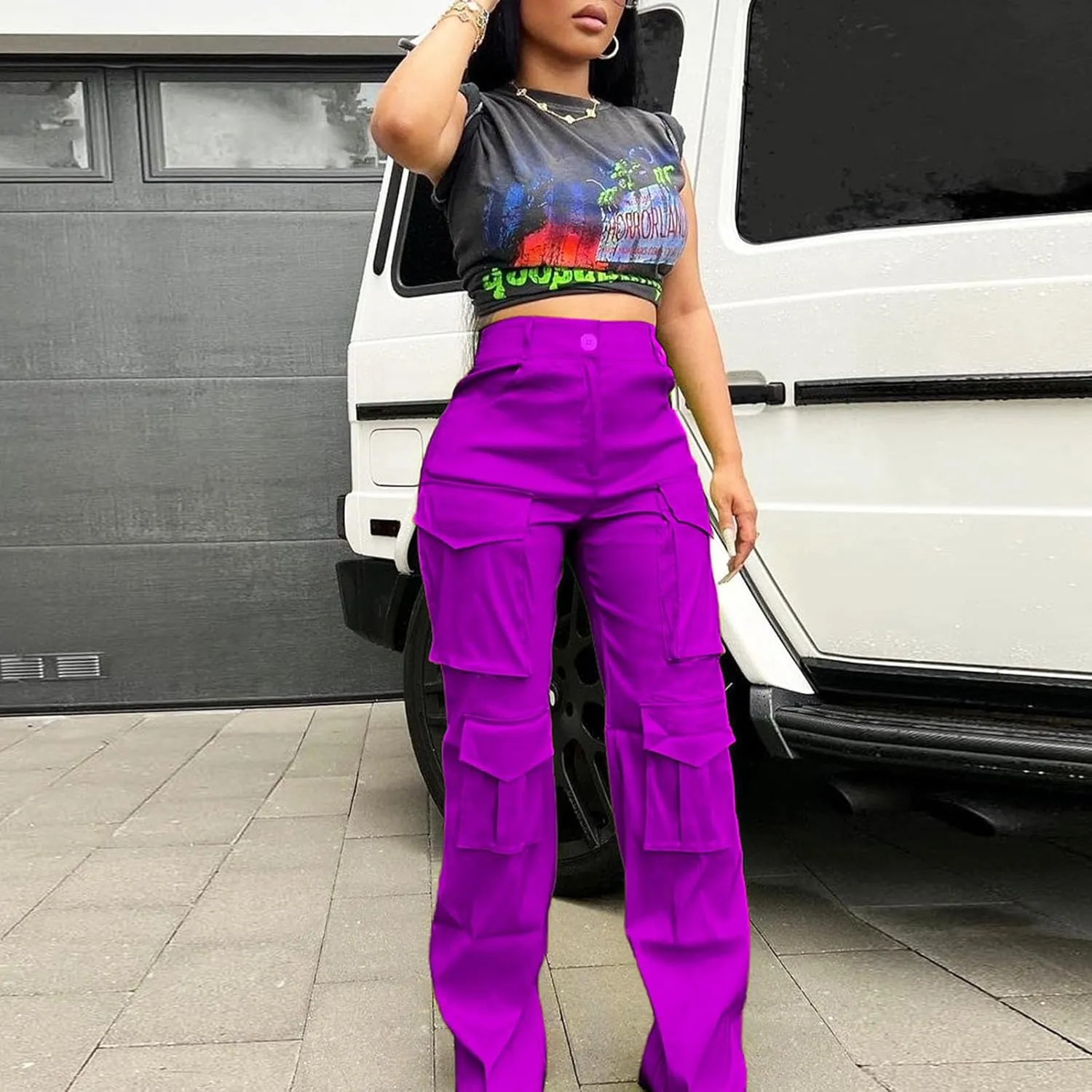 XZLUFNY Satin Cargo Pants for Women High Waist Multiple Pockets Wide Leg Trouser