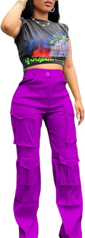 XZLUFNY Satin Cargo Pants for Women High Waist Multiple Pockets Wide Leg Trouser
