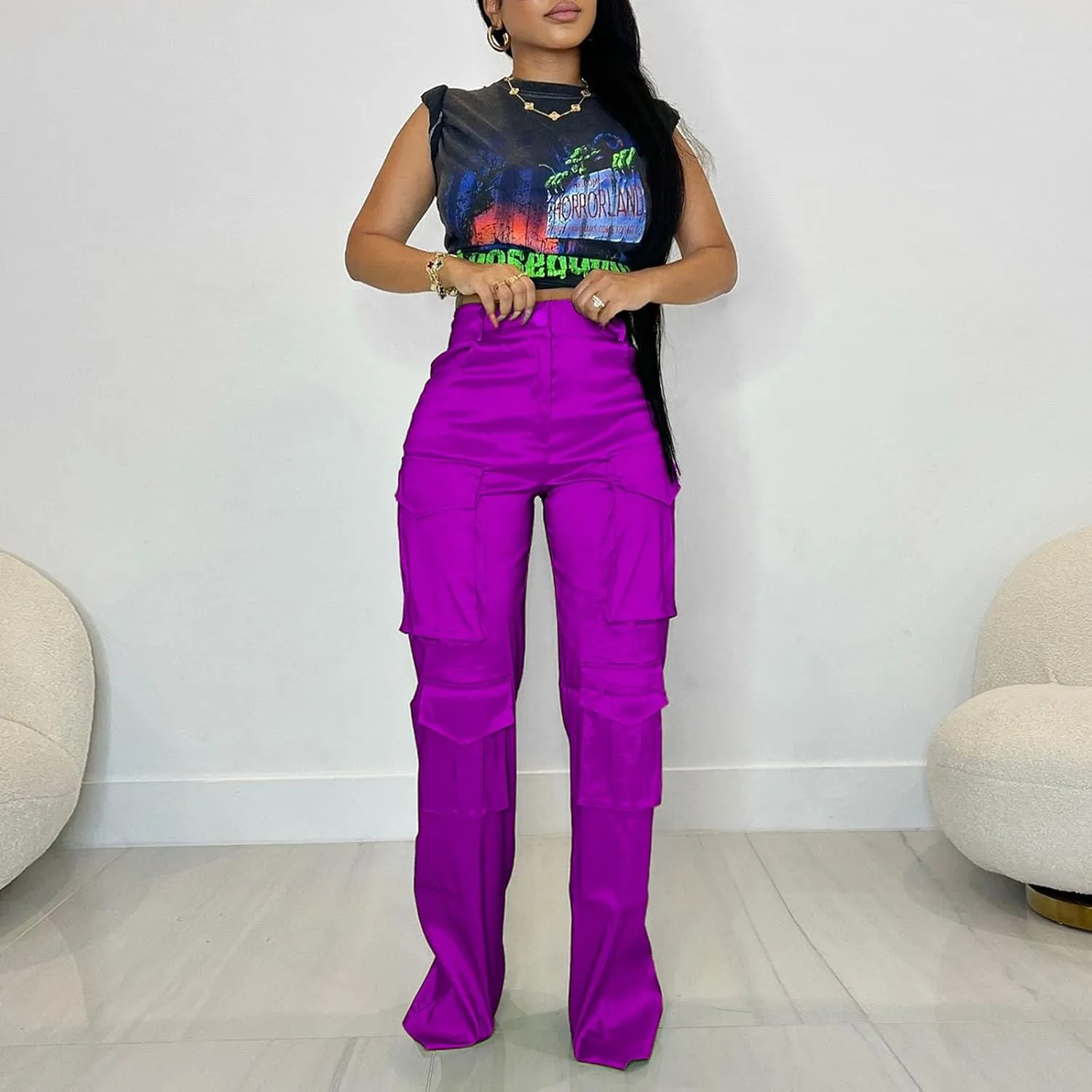 XZLUFNY Satin Cargo Pants for Women High Waist Multiple Pockets Wide Leg Trouser