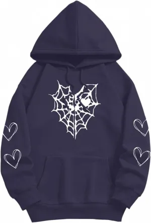 Y2K Hoodies for Women Pullover Print Graphic Pockets Hooded Jacket 90s Long Sleeve Sweatshirt Fall Drop Shoulder with Hood