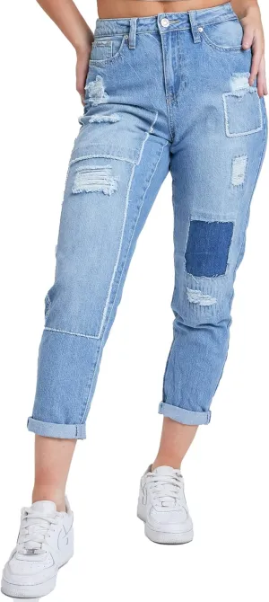 YMI Women's Junior Dream High-Rise Straight Patchwork Jean