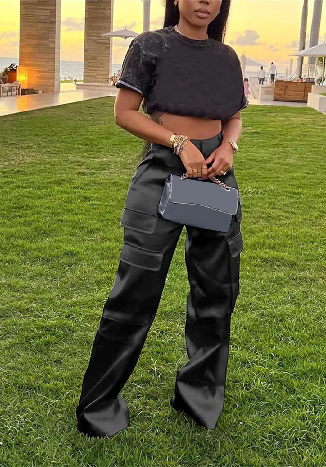 YOOTIKO Womens Satin Cargo Pants Y2K High Waisted Straight Wide Leg Trousers with Pockets Streetwear