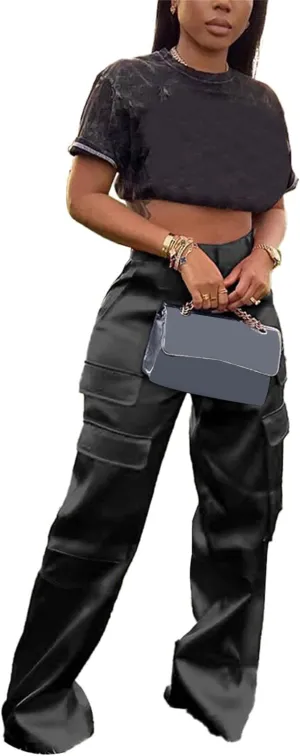YOOTIKO Womens Satin Cargo Pants Y2K High Waisted Straight Wide Leg Trousers with Pockets Streetwear