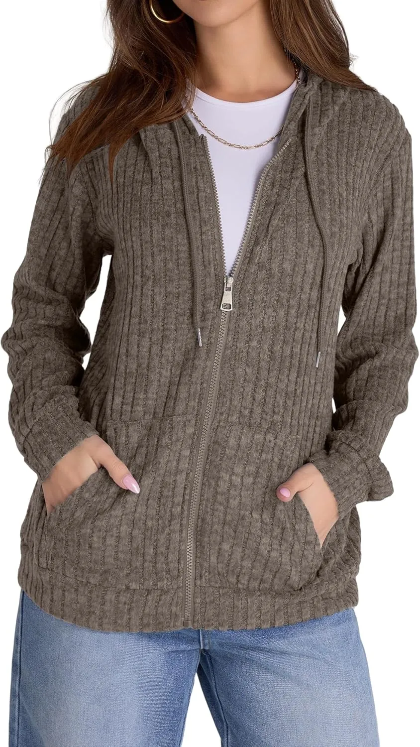 Zip Up Cardigan Sweaters for Women Winter Ribbed Knit Long Sleeve Hood Sweatshirt Jacket Casual Drawstring Jackets