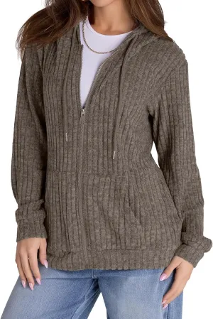 Zip Up Cardigan Sweaters for Women Winter Ribbed Knit Long Sleeve Hood Sweatshirt Jacket Casual Drawstring Jackets