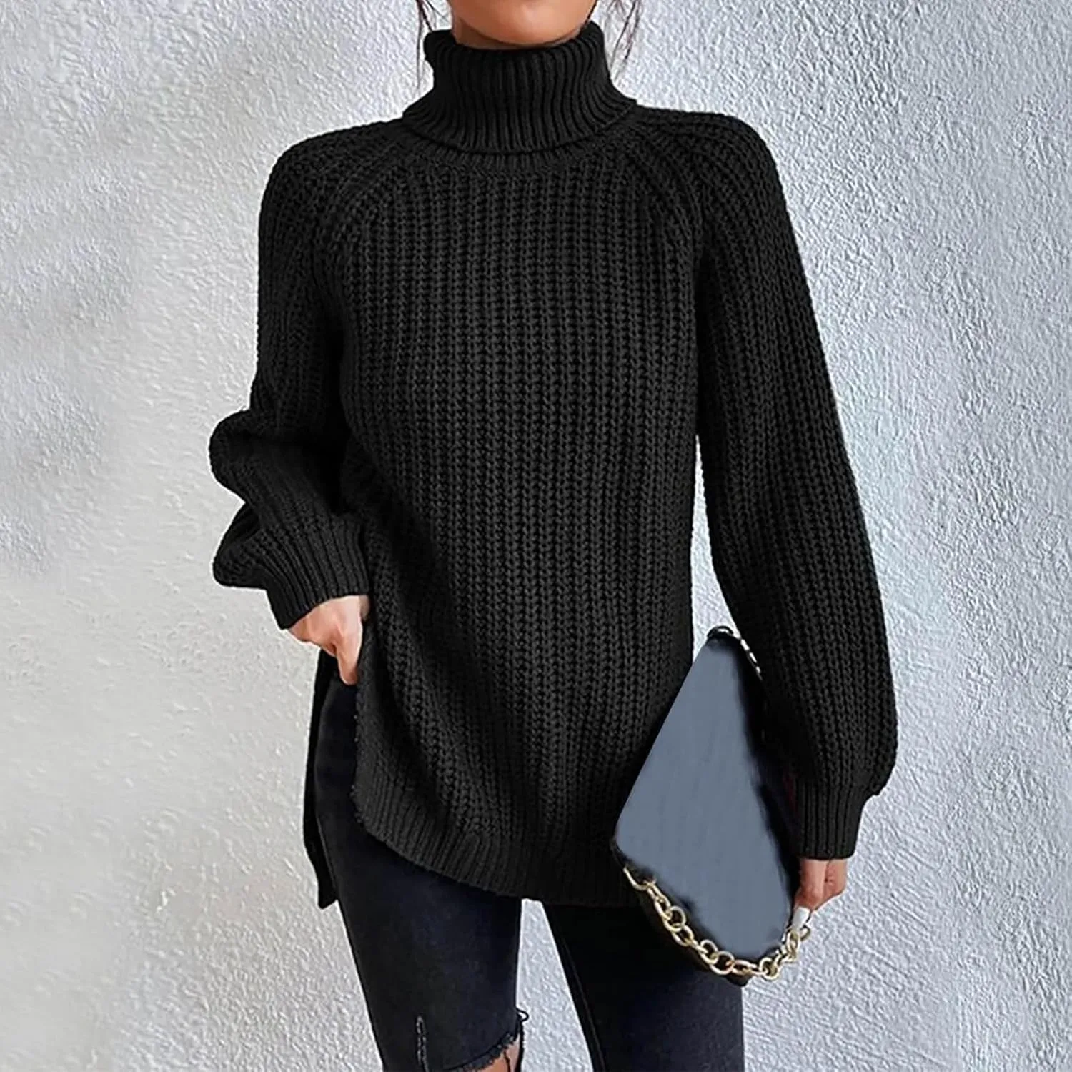 ZWRXW Turtleneck Sweater for Women Classic Oversized Chunky Knit Warm Pullover Fall Winter Ribbed Solid Color Jumper Tops