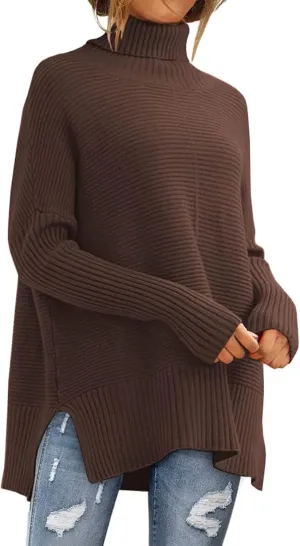 ZWRXW Women's Oversized Turtleneck Sweaters Batwing Sleeve Spilt Hem Tunic Pullover Trendy Winter Ribbed Knit Jumper Sweater