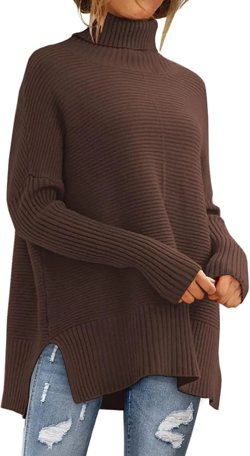 ZWRXW Women's Oversized Turtleneck Sweaters Batwing Sleeve Spilt Hem Tunic Pullover Trendy Winter Ribbed Knit Jumper Sweater