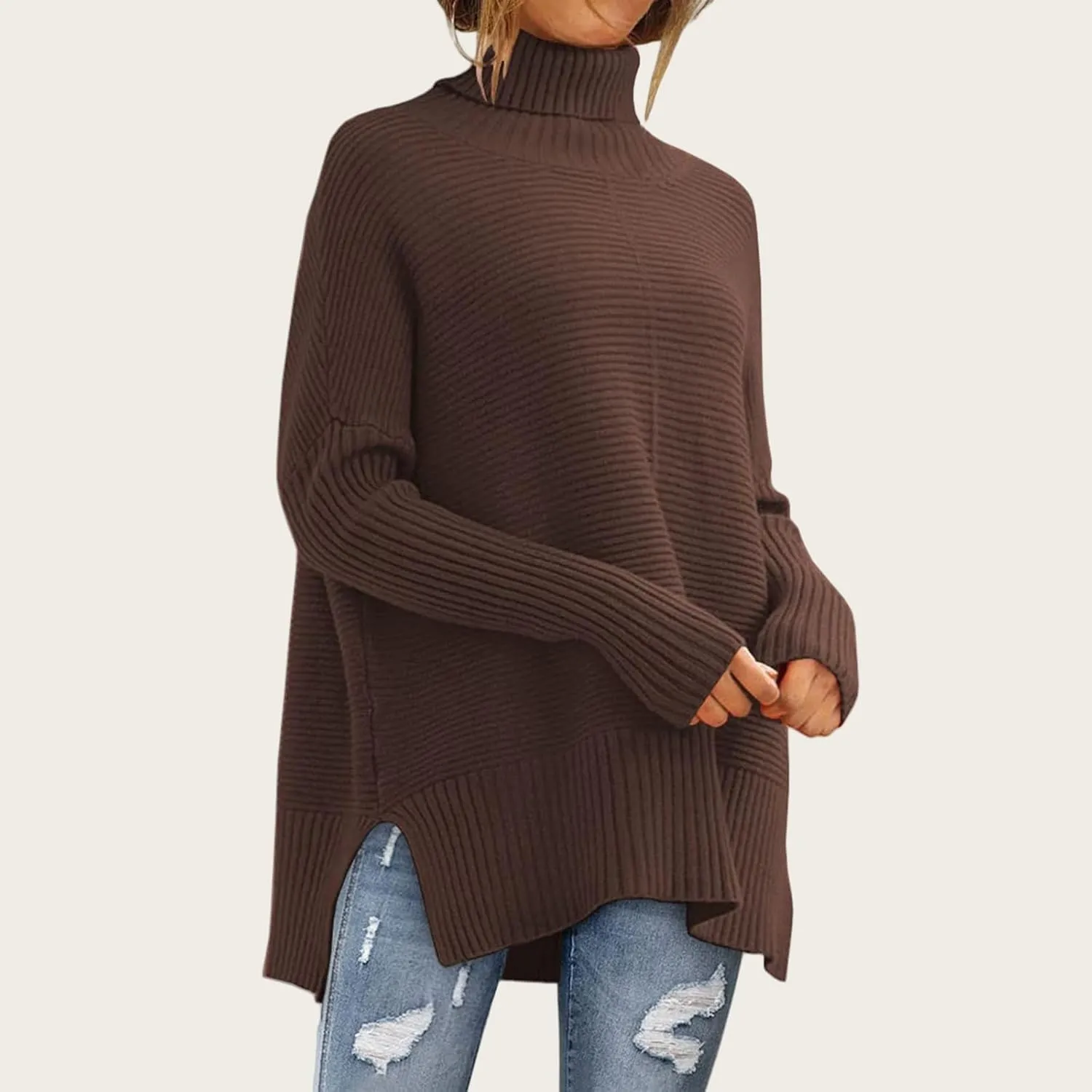 ZWRXW Women's Oversized Turtleneck Sweaters Batwing Sleeve Spilt Hem Tunic Pullover Trendy Winter Ribbed Knit Jumper Sweater
